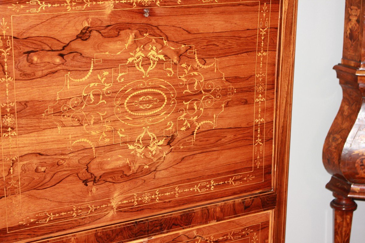 French Secretary From The Mid-1800s, Charles X Style, In Rosewood With Rich Boxwood Inlay -photo-3