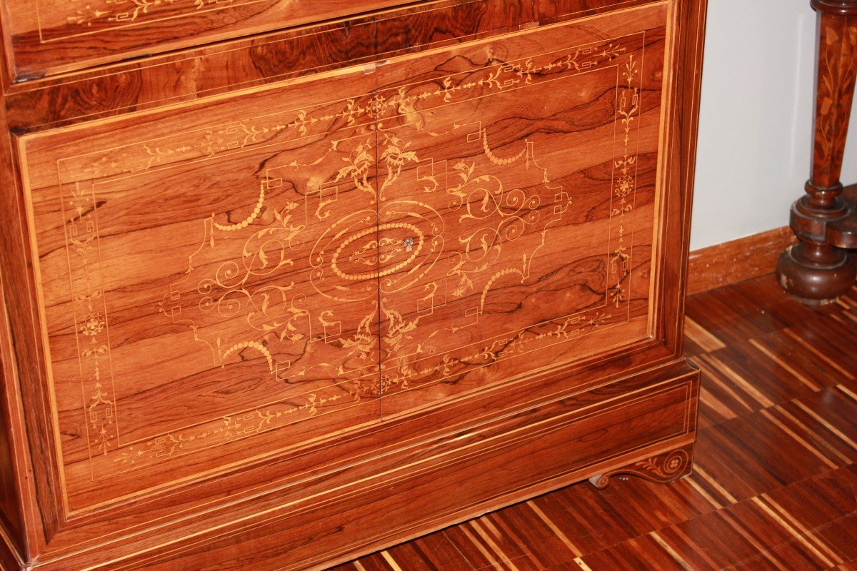 French Secretary From The Mid-1800s, Charles X Style, In Rosewood With Rich Boxwood Inlay -photo-4