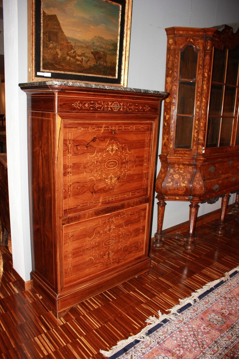 French Secretary From The Mid-1800s, Charles X Style, In Rosewood With Rich Boxwood Inlay -photo-1