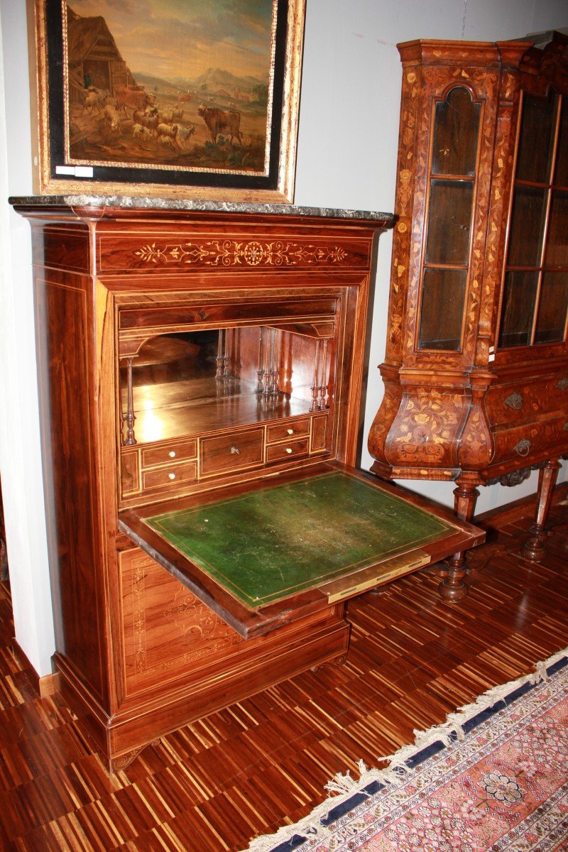 French Secretary From The Mid-1800s, Charles X Style, In Rosewood With Rich Boxwood Inlay -photo-2