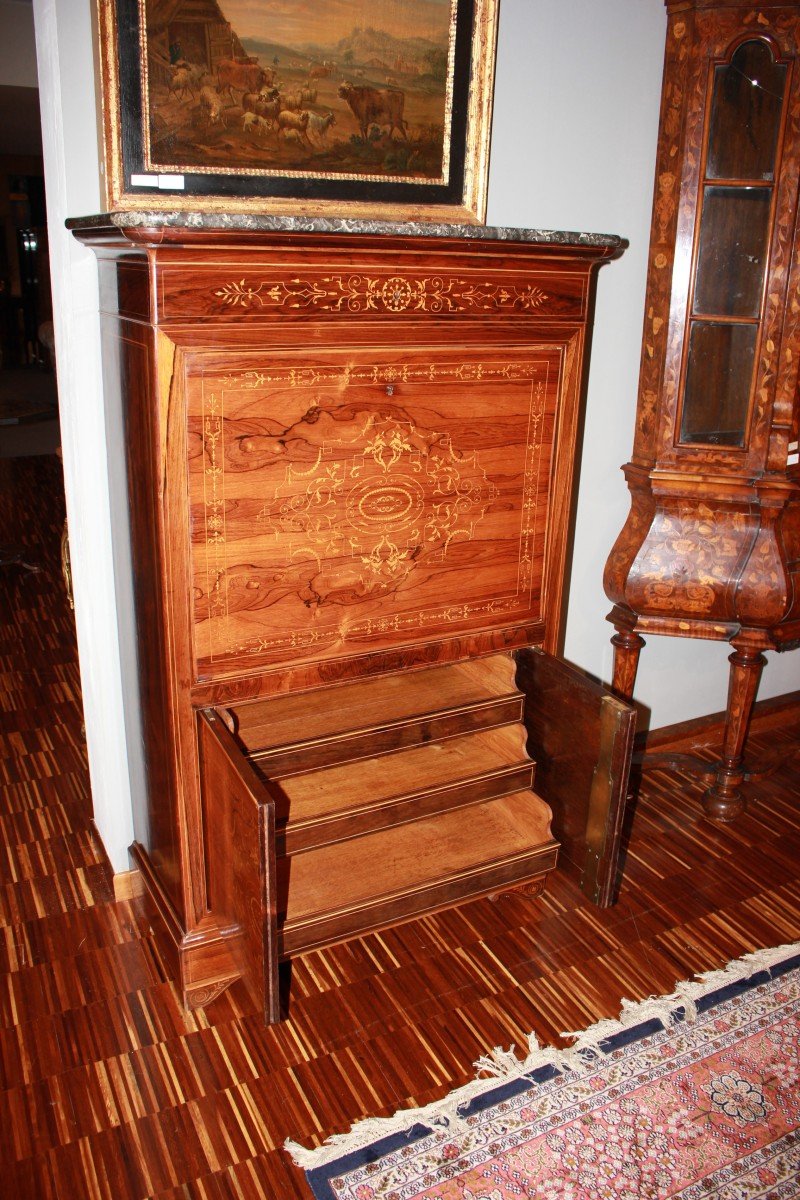 French Secretary From The Mid-1800s, Charles X Style, In Rosewood With Rich Boxwood Inlay -photo-4