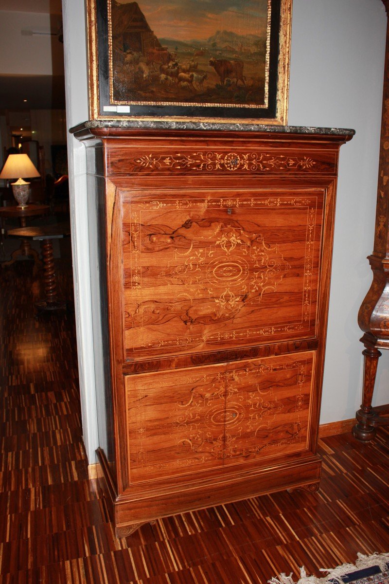 French Secretary From The Mid-1800s, Charles X Style, In Rosewood With Rich Boxwood Inlay 