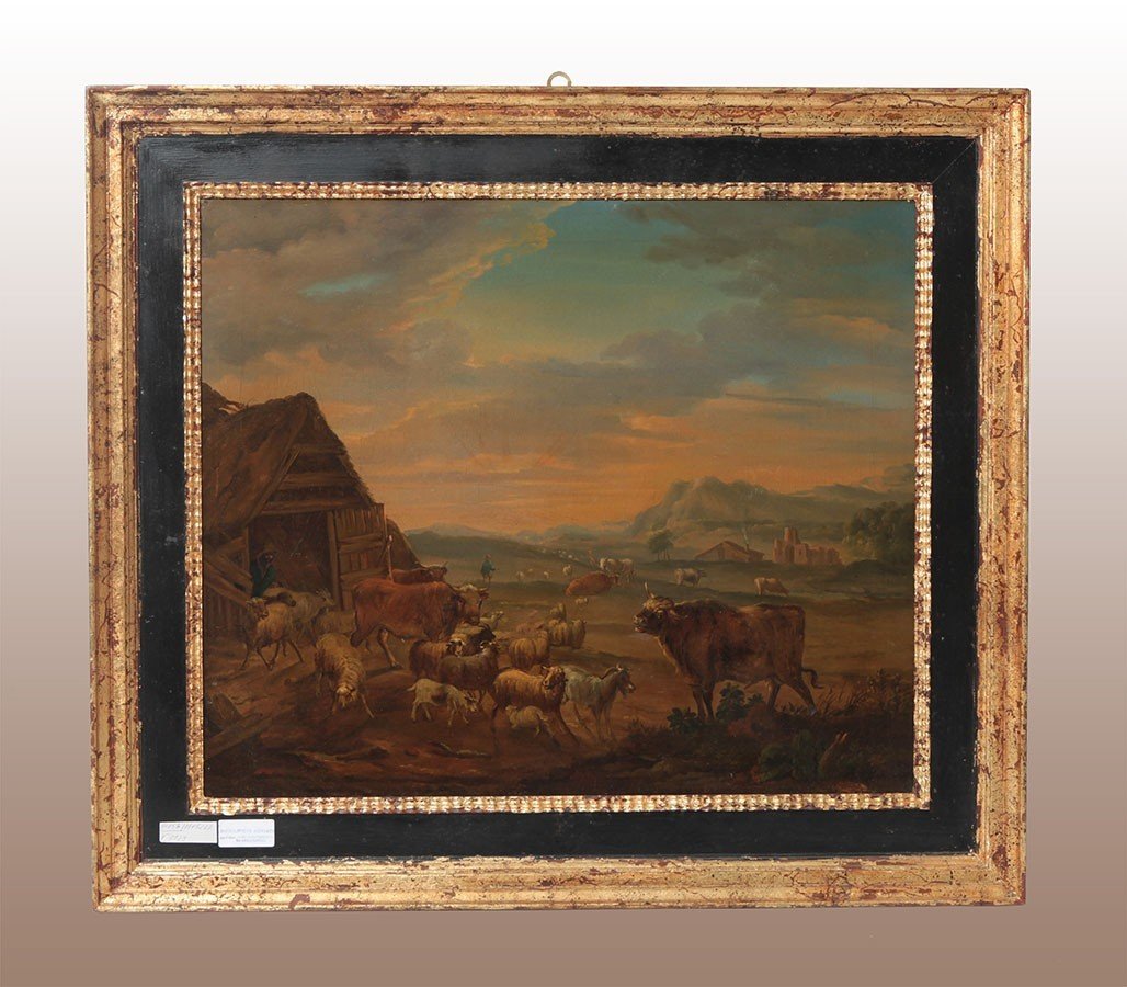 Oil On Canvas Depicting Grazing Animals. Beautiful Conrice Of Later Period. Origin: Holland Per