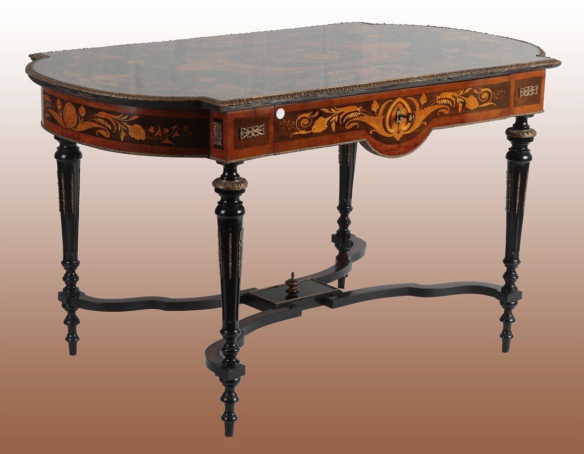 Ebony Salon Table With Floral Polychrome Inlay And Musical Instruments. Mahogany Interior Drawe-photo-3