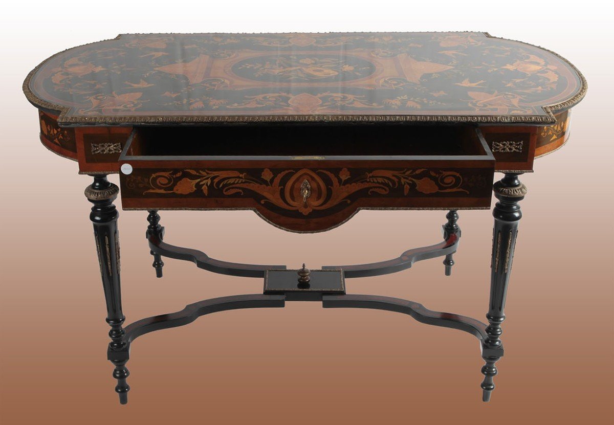 Ebony Salon Table With Floral Polychrome Inlay And Musical Instruments. Mahogany Interior Drawe