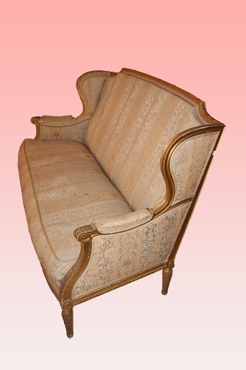 French Sofa From The Second Half Of The 1800s, Louis XVI Style, In Wood Gilded With Gold Leaf-photo-3