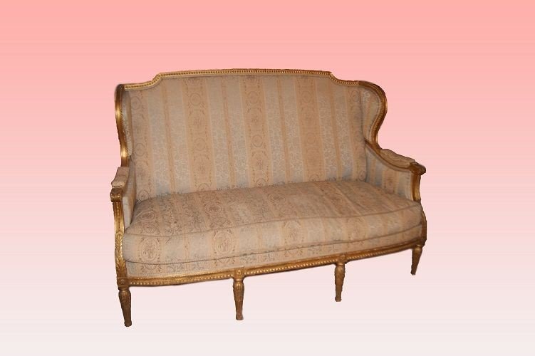 French Sofa From The Second Half Of The 1800s, Louis XVI Style, In Wood Gilded With Gold Leaf