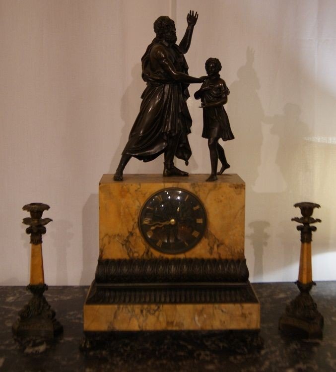 Triptych Clock In Siena Yellow Marble With Bronze Sculptures And French Marble And Bronze 