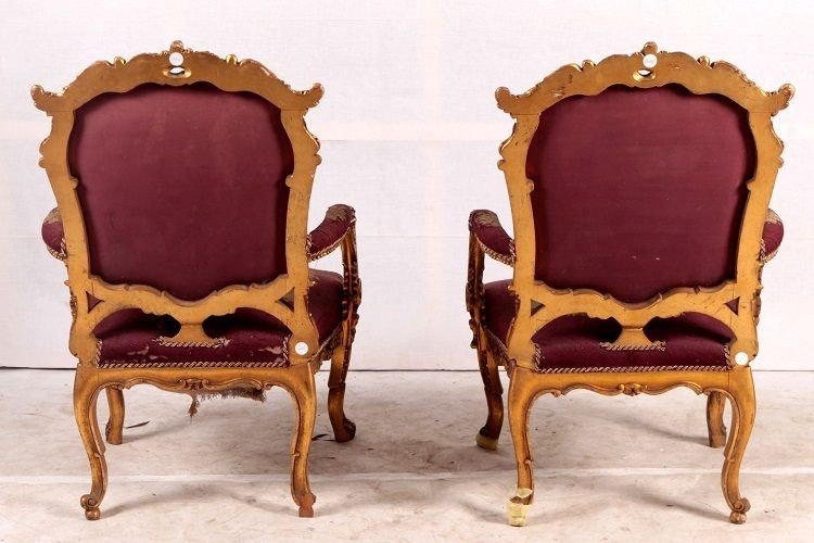Pair Of French Armchairs From The Late 1800s, Louis XV Style, In Gilded Wood. They Feature -photo-1