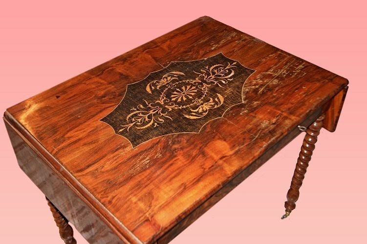 French Flip-top Table From The Mid-1800s, Charles X Style, In Flamed Walnut Wood. It Features -photo-2