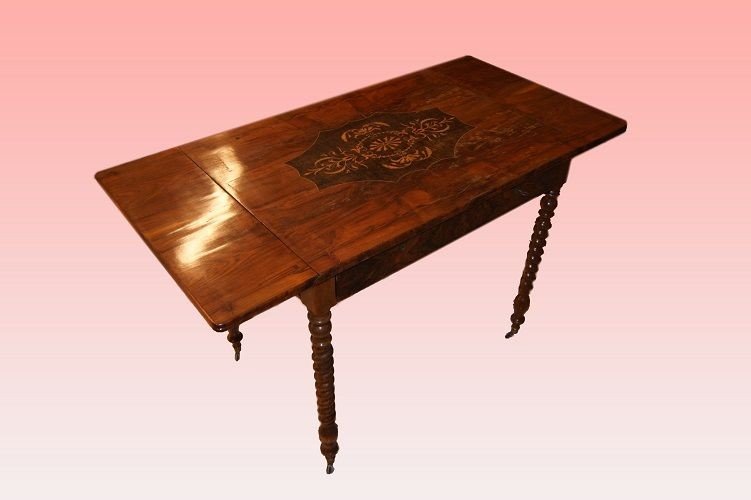 French Flip-top Table From The Mid-1800s, Charles X Style, In Flamed Walnut Wood. It Features -photo-3