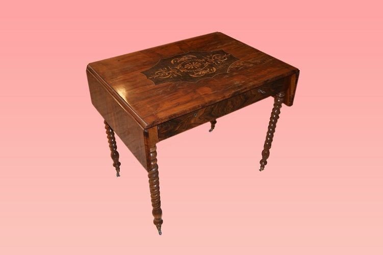 French Flip-top Table From The Mid-1800s, Charles X Style, In Flamed Walnut Wood. It Features 