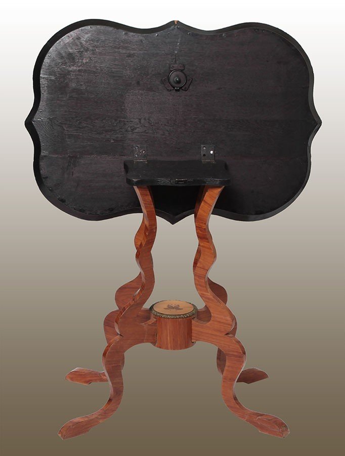 Sail-shaped Small Table With Tray Top In Ebony, Rosewood, And Polychrome Floral Inlays-photo-3