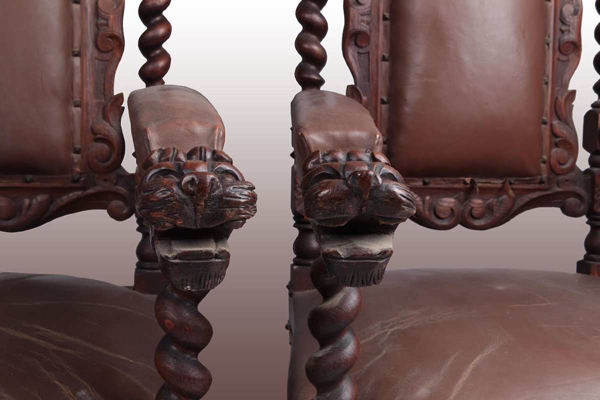 Pair Of Italian Renaissance-style Armchairs From The Early 1800s With Twisted Motif And Carved -photo-2