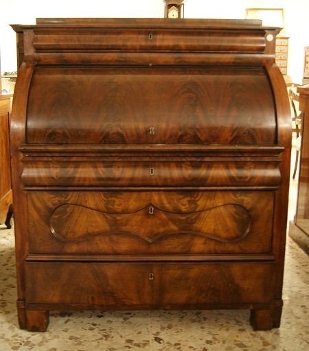 Commode à Rouleau De Style Biedermeier Du XIXe Siècle En Plume d'Acajou-photo-2