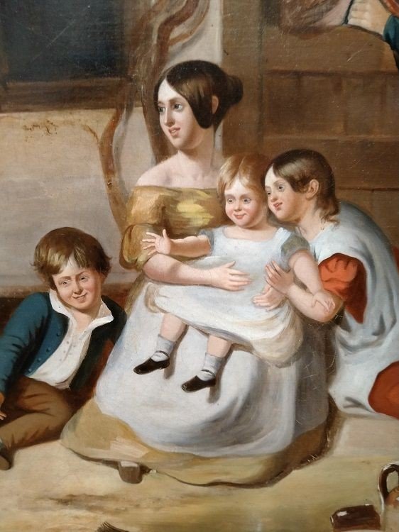 Oil On Canvas Depicting A Family: A Woman With Children And An Elderly Person, With A Milkman -photo-3