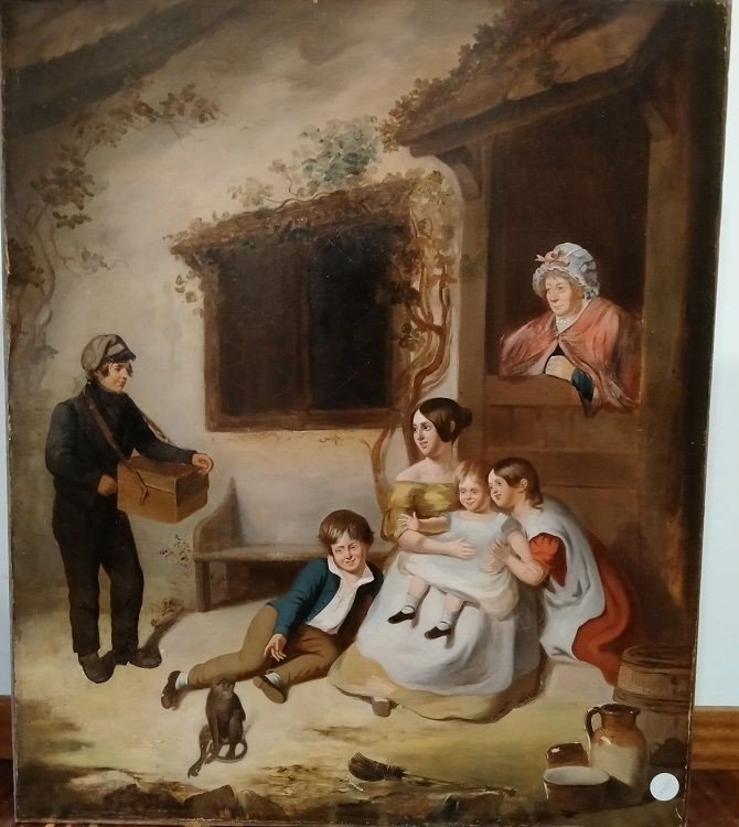 Oil On Canvas Depicting A Family: A Woman With Children And An Elderly Person, With A Milkman 