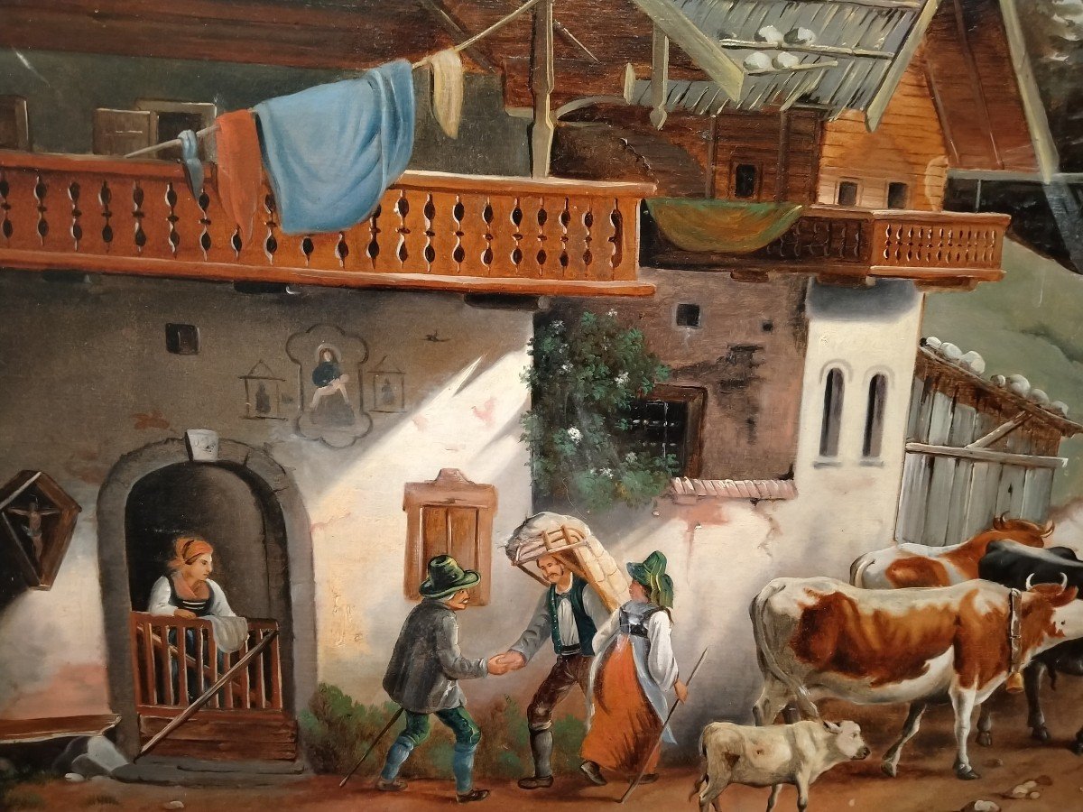 Oil On Canvas, Retouched, Depicting A Mountain Village With Characters And Animals Heading To P-photo-2