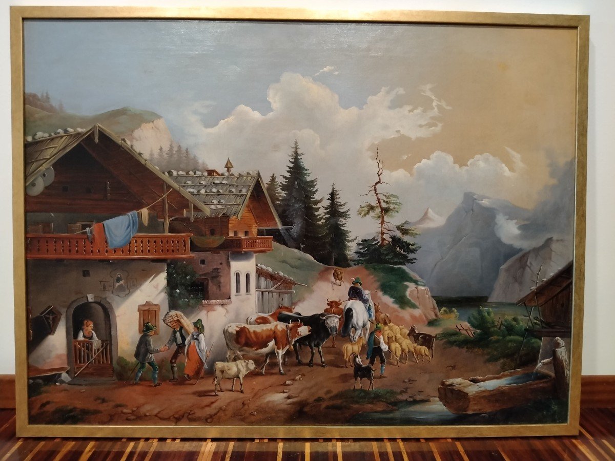 Oil On Canvas, Retouched, Depicting A Mountain Village With Characters And Animals Heading To P