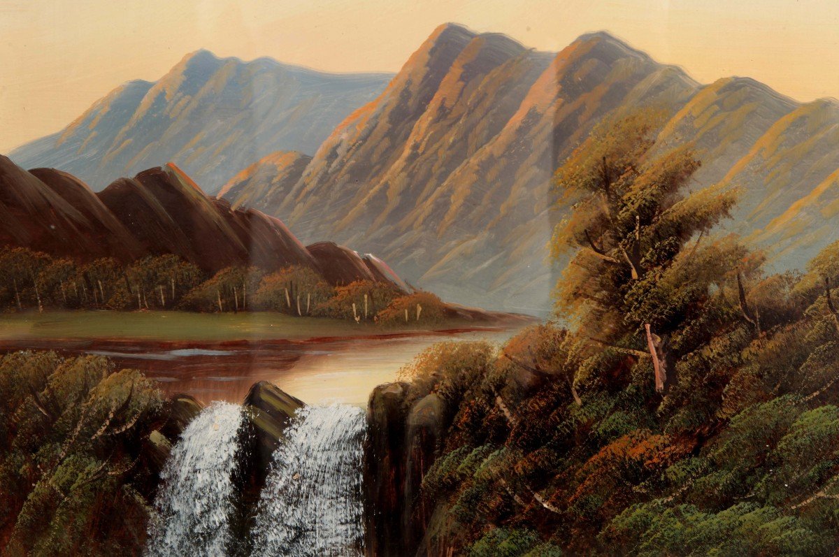 Oil On Cardboard Depicting A Mountain Landscape With A Waterfall-photo-3