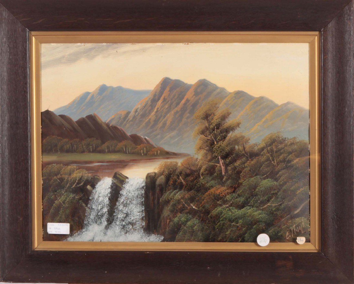 Oil On Cardboard Depicting A Mountain Landscape With A Waterfall