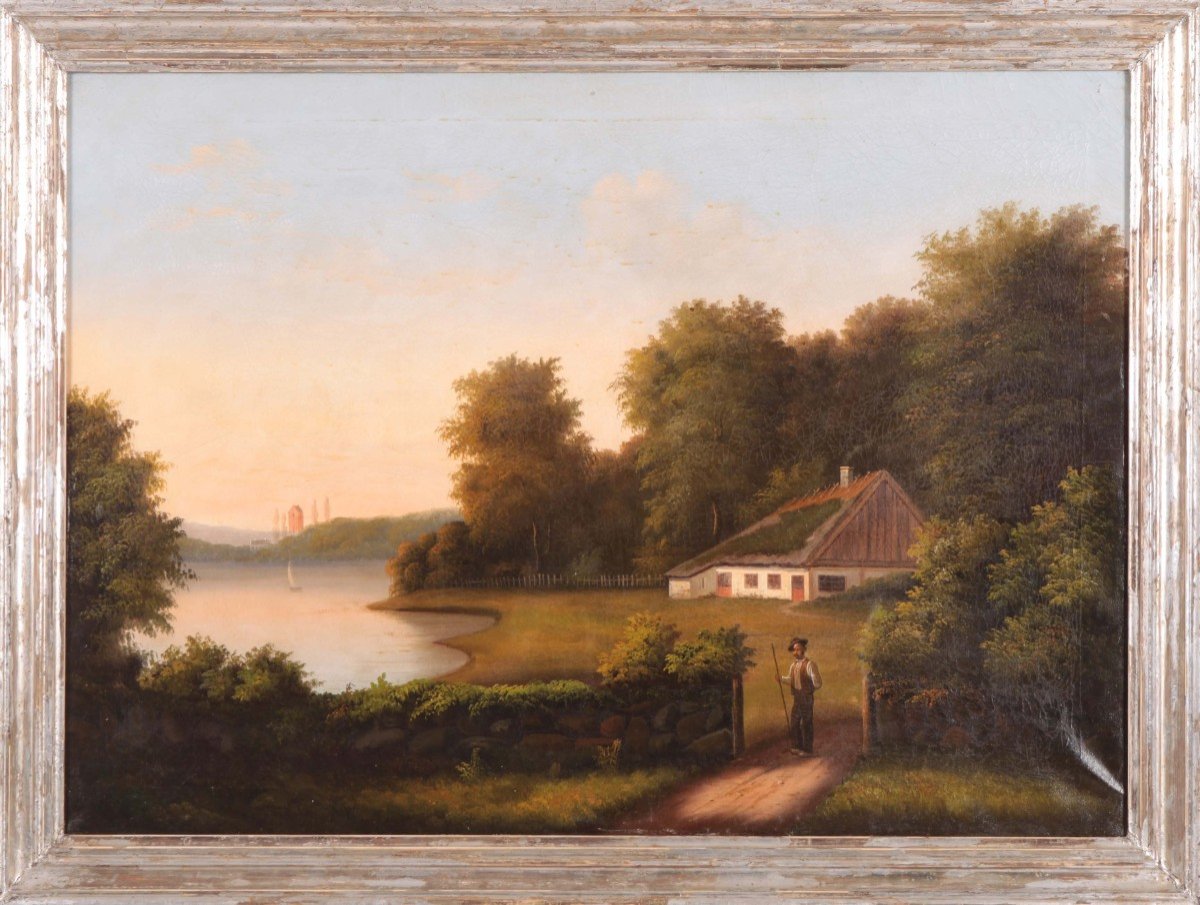 Oil On Canvas Depicting A Rural Landscape With A Residence And A Figure At The Entrance