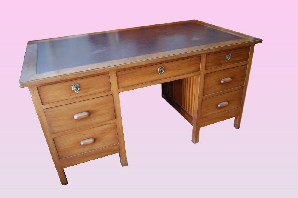  Italian Desk From The Early 1900s, Made Of Mahogany Wood. It Features A Faux Leather Top