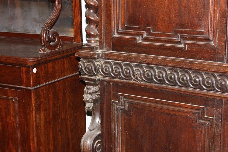 Large Italian Sideboard From The Second Half Of The 1800s, Renaissance Style, In Walnut Wood-photo-3