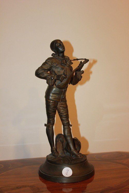 Small French Bronze Sculpture From The Second Half Of The 1800s Depicting Pierrot With A Guitar