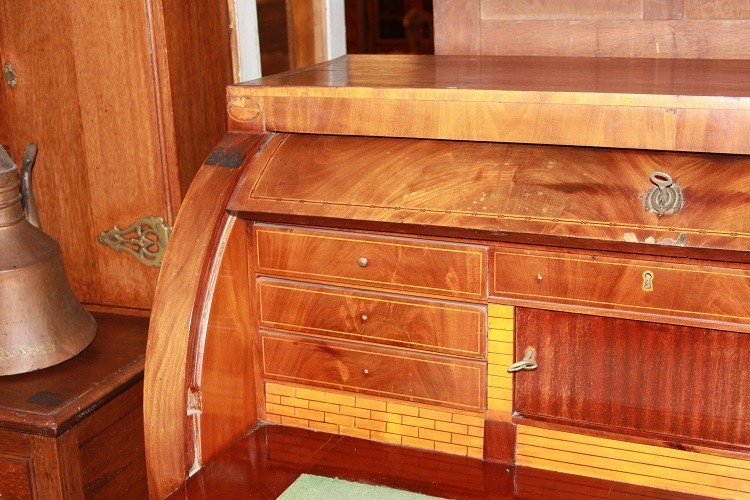 Austrian Roll-top Desk From The Mid-1800s, Louis XVI Style, In Mahogany Wood And Mahogany-photo-4