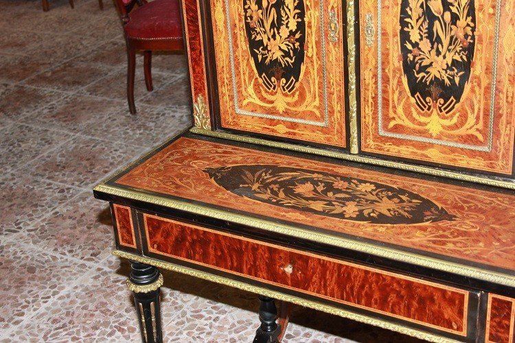 French Cabinet Credenzino From The Mid-1800s, Louis XVI Style, In Burl Walnut-photo-1