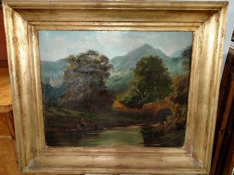 Huile Sur Toile Anglaise 1800 Représentant Un Cours d'Eau, Un Sentier Et Un Pêcheur