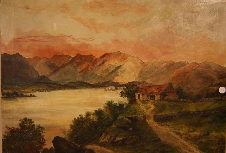 Huile Sur Toile Du XIXe Siècle Représentant Un Paysage Champêtre Avec Un Lac Et Des Montagnes-photo-2