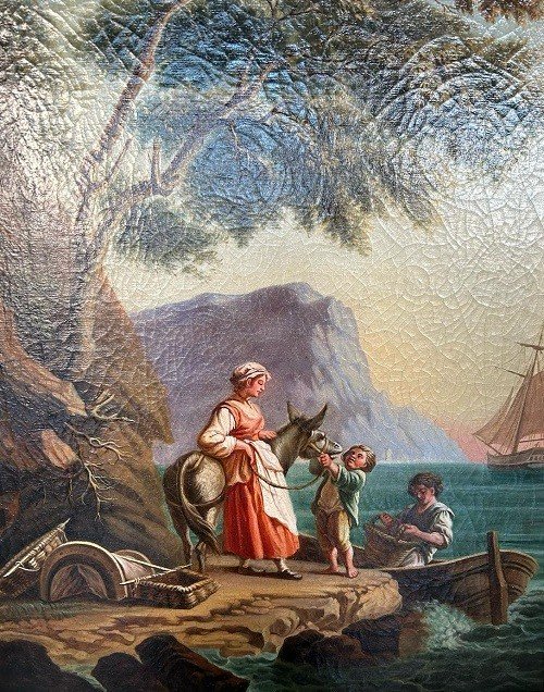 Huile Sur Toile Française Du Début Du XIXe Siècle Représentant Une Scène De Vie Familiale-photo-3