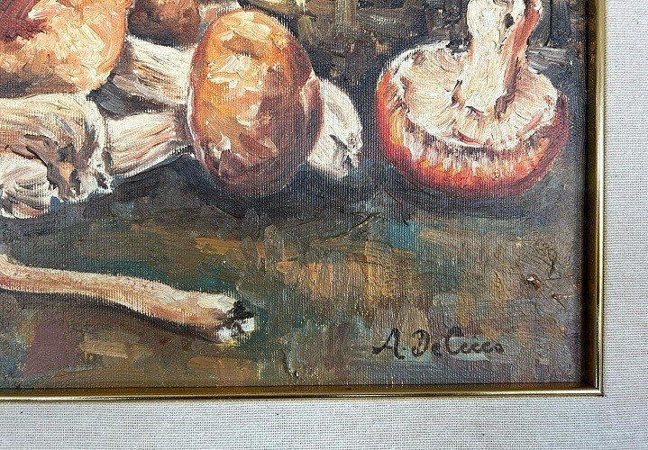 Huile Sur Toile Italienne, Nature Morte Représentant Une Récolte De Cèpes. Antonio De Cecco-photo-4