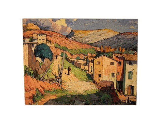 Oil On Canvas Spanish Painting From The Mid-20th Century Depicting An Urban View Of The Landsca-photo-2