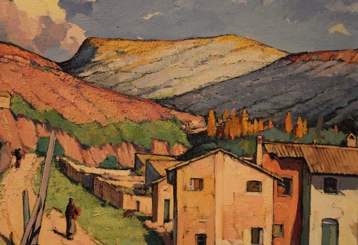 Oil On Canvas Spanish Painting From The Mid-20th Century Depicting An Urban View Of The Landsca-photo-2