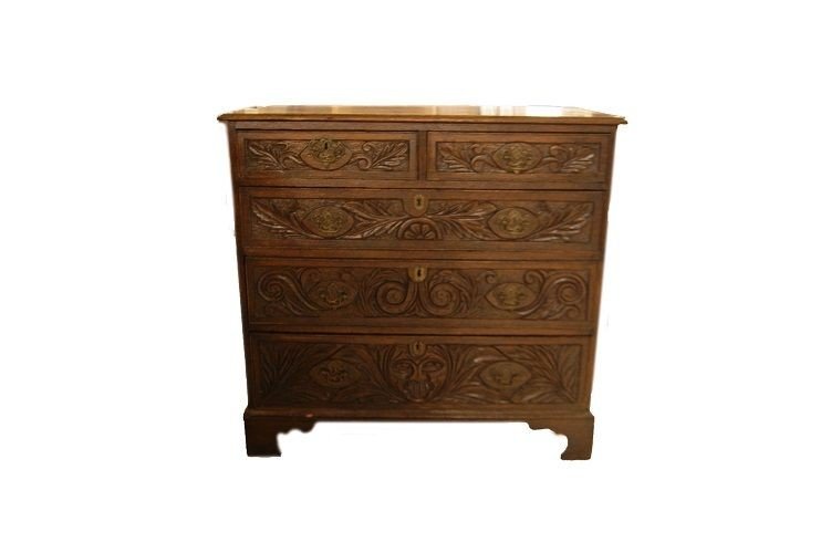 Richly Carved English Chest Of Drawers, From The First Half Of The 1800s In Tudor Style-photo-2