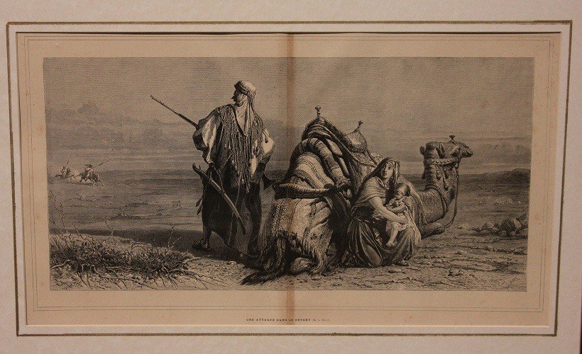 French Print From The Late 1800s Depicting A Berber Knight With His Wife And Child-photo-2
