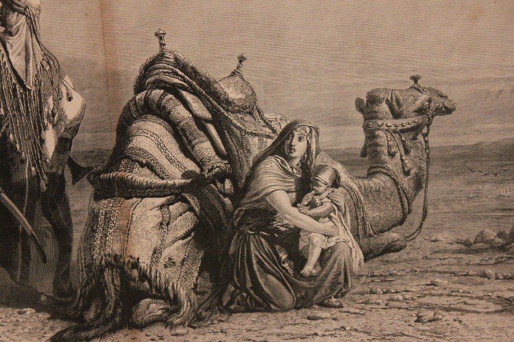French Print From The Late 1800s Depicting A Berber Knight With His Wife And Child-photo-1