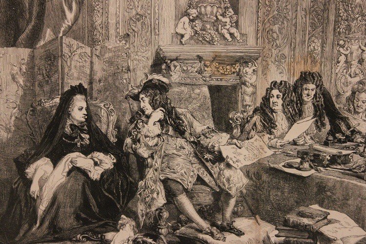 Estampe Française Du 19ème Siècle Représentant La Cour De Louis XIV-photo-4