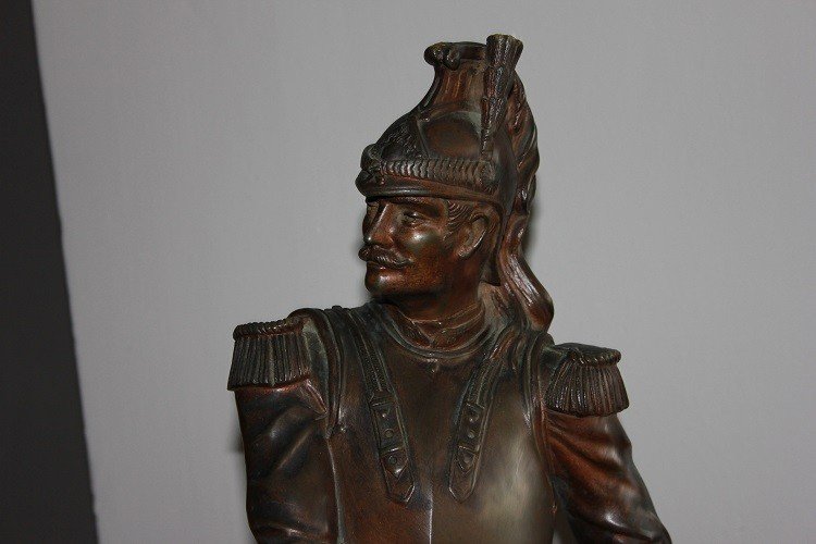French Bronze Sculpture From The Mid-1800s Depicting A Napoleonic Cavalry Officer Soldier-photo-3