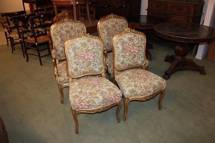 Salon Groupe De 2 Fauteuils Et 2 Chaises De Style Louis XV En Bois Doré à La Feuille d'Or