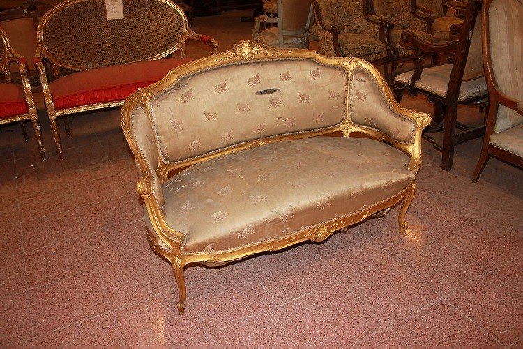 Salon Français De Style Louis XV En Bois Doré Moitié Du XIXe Siècle 2 Fauteuils Et 1 Canapé-photo-2