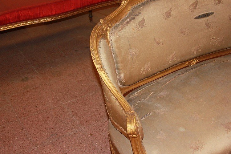 Salon Français De Style Louis XV En Bois Doré Moitié Du XIXe Siècle 2 Fauteuils Et 1 Canapé-photo-4