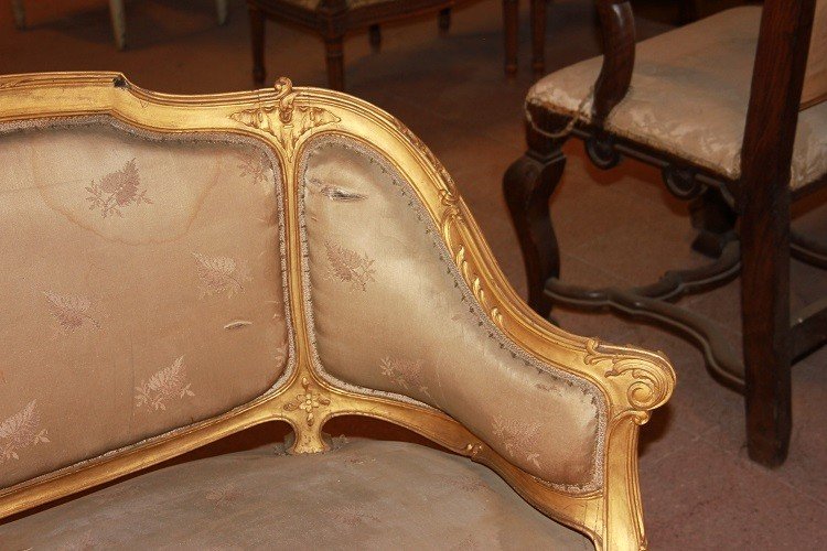 Salon Français De Style Louis XV En Bois Doré Moitié Du XIXe Siècle 2 Fauteuils Et 1 Canapé-photo-1