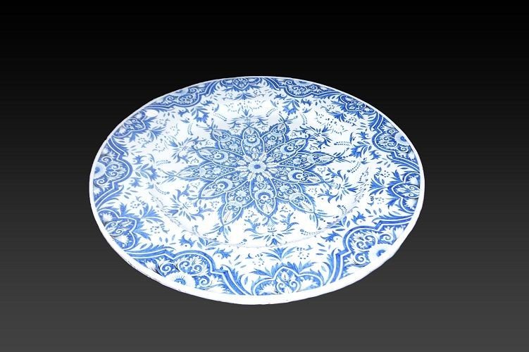 Large French Circular Plate From The Second Half Of The 1800s In Ceramic With Blue Decorations