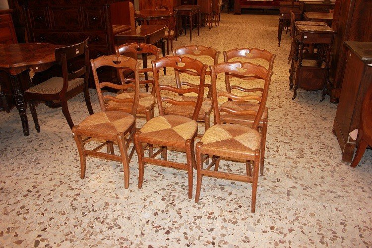  Group Of 6 French Chairs From The Late 1800s, Rustic Style, Made Of Walnut Wood With Rush Seat-photo-2