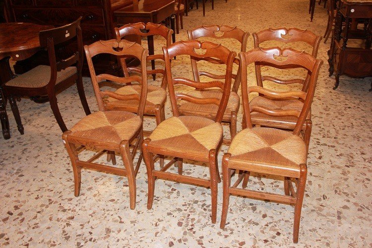  Group Of 6 French Chairs From The Late 1800s, Rustic Style, Made Of Walnut Wood With Rush Seat