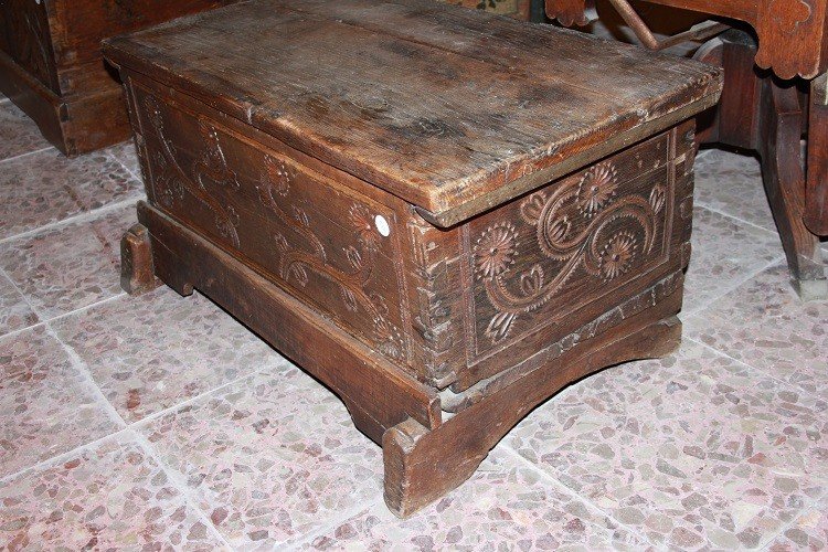 French Chest From The Early 1800s, Rustic Style, Intricately Carved Walnut Wood-photo-1